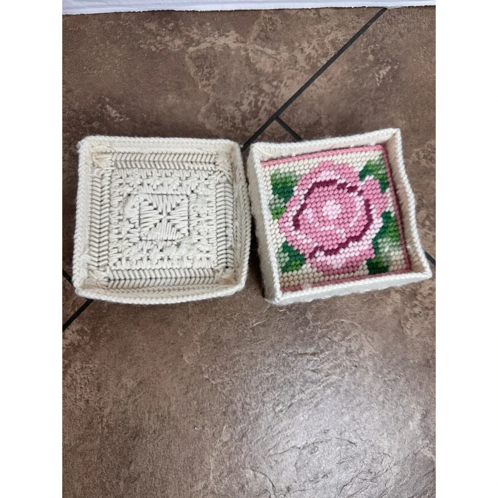 Vintage Floral Needlepoint Coasters Set of 4 Pink Rose Square 4x4